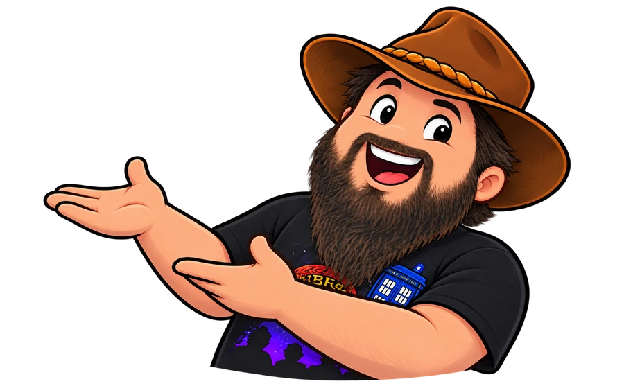Calvin smiles in his cowboy hat, gesturing toward the listening options.