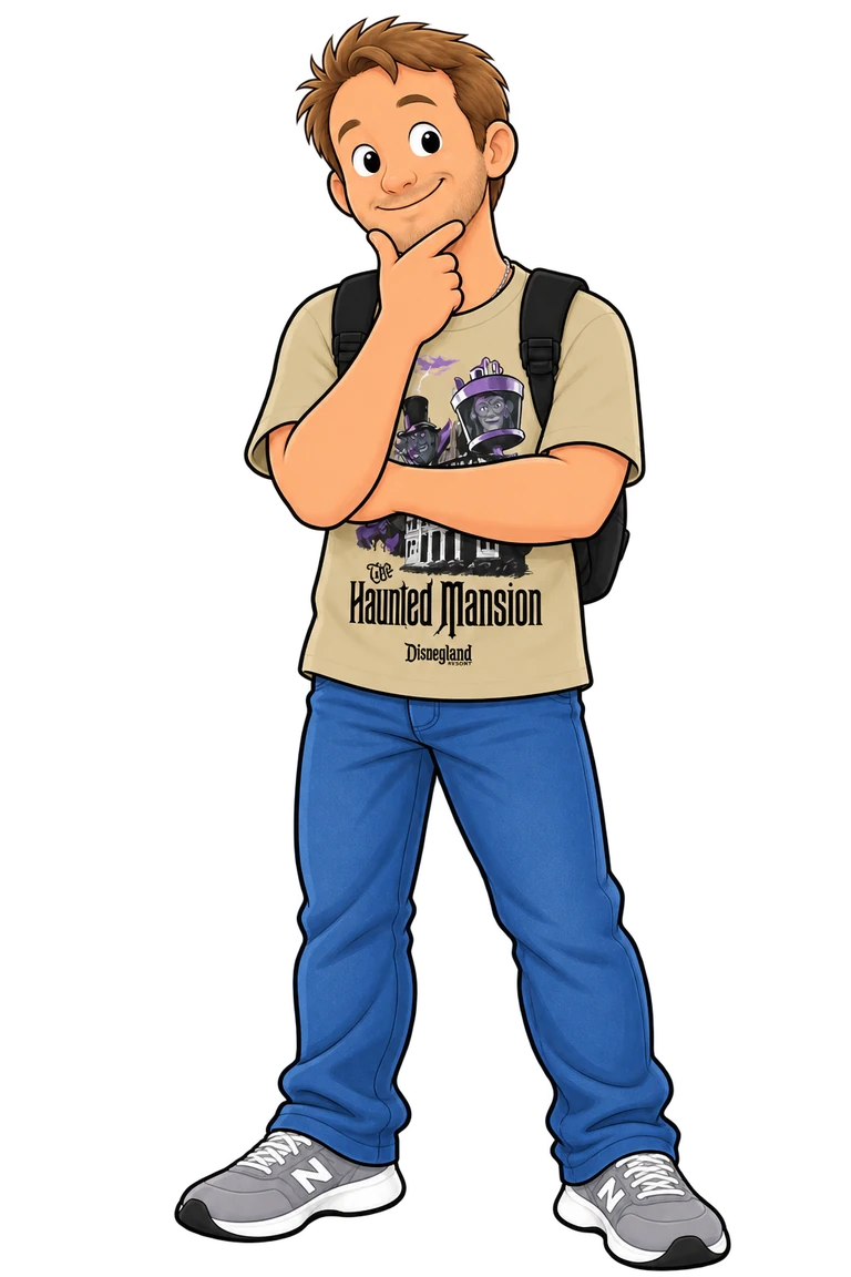Michel, illustrated in his Haunted Mansion shirt and backpack, smiling with his hand on his chin.